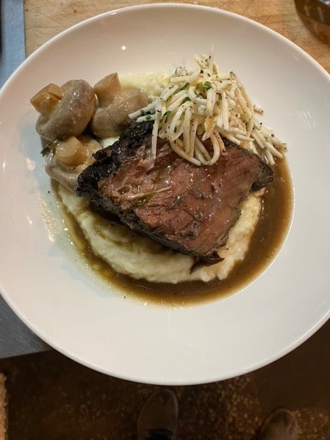 Braised Top Blade Roast with Mashed Potatoes, Butter Poached Mushrooms, and Celeriac Remoulade